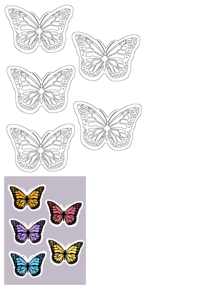 Colorful butterfly sticker sheet featuring pre-cut orange, pink, purple, yellow, and blue designs, plus blank outlines.