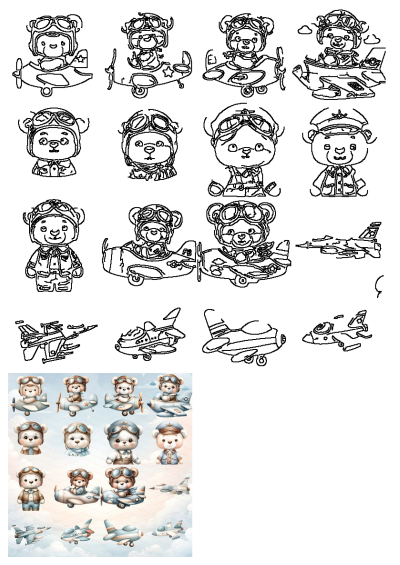 Adorable teddy bear pilot illustrations flying propeller and jet airplanes in a charming sky. Features both outline and colored cartoon designs.