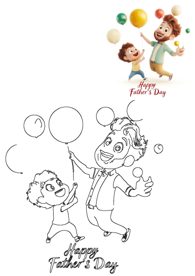 Happy Fathers Day Cartoon Father And Son With Balloons. A joyful illustration of a dad and child celebrating with colorful balloons.