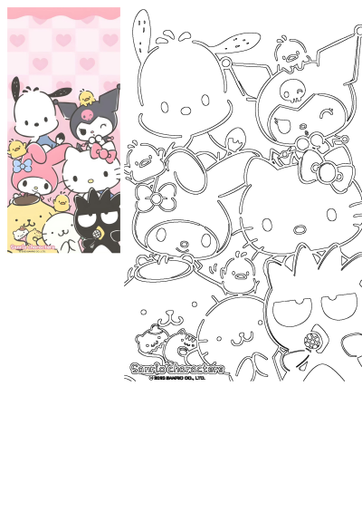 Cute Sanrio characters wallpaper featuring Hello Kitty, My Melody, Kuromi, Pochacco, and more on a pink heart background, plus an outline.