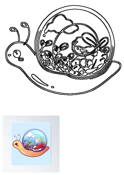 A charming cartoon snail with an adorable face carries a magical terrarium shell filled with fluffy clouds, vibrant green plants, and bright red berries.