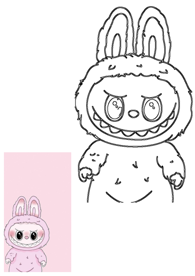 A cute pink bunny cartoon character with large eyes and a mischievous smile on a soft pink background. Includes an outline version.