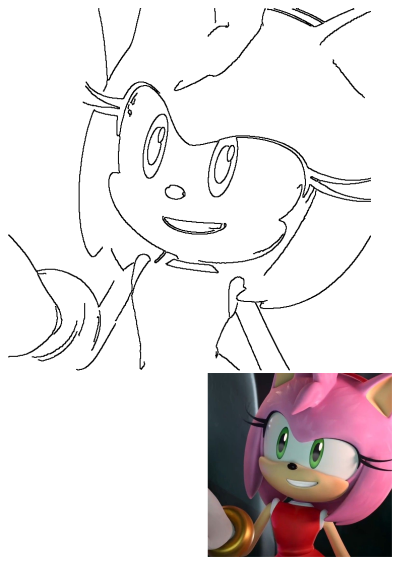 Detailed line art of Amy Rose from Sonic Boom, a cartoon character known for her pink fur, red dress, and signature gold ring.