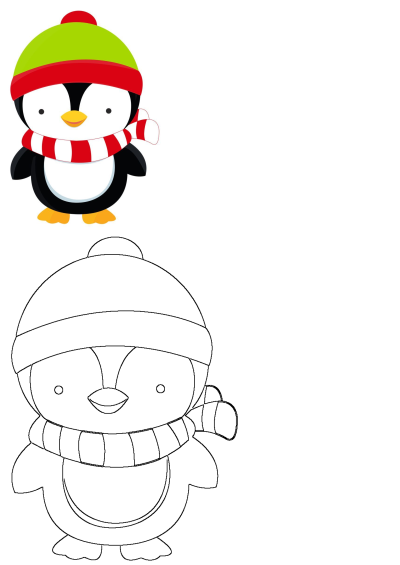 A cute cartoon penguin wearing a green and red hat with a striped scarf. Includes both a colorful illustration and an outline for drawing.