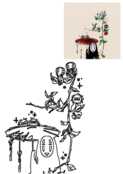 Spirited Away No Face Kodama Soot Sprites art illustration. No-Face with umbrella, Kodama, and Soot Sprites on a leafy branch.