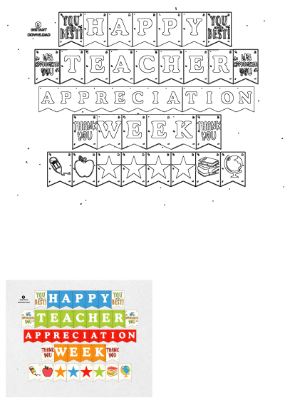 Printable 'Happy Teacher Appreciation Week' banner featuring colorful letters, school supplies like apples, books, and stars.