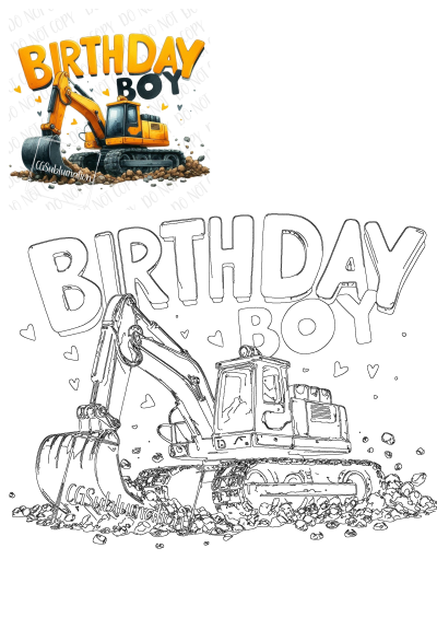 Celebrate with a Happy Birthday Boy card featuring a vibrant excavator illustration and a matching outline version for coloring fun.