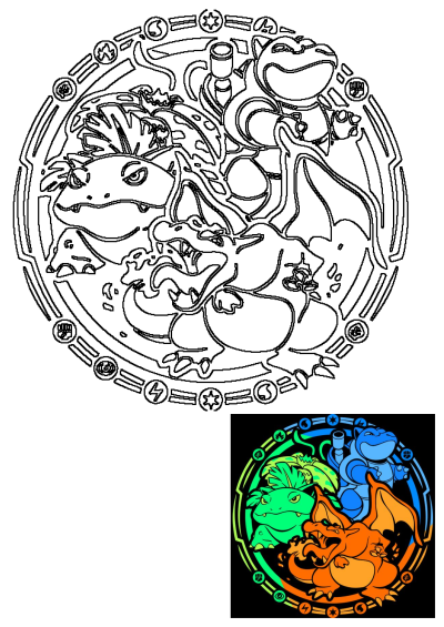 Pokemon starter trio t-shirt design featuring Charizard, Venusaur, and Blastoise in a circular frame with elemental type symbols.