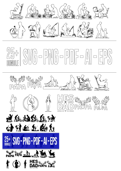 Dad and kids activity vector bundle: father-child bonding scenes of biking, fishing, grilling, baby care. SVG, PNG, PDF, AI, EPS.