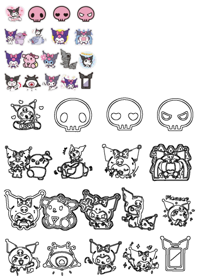 A diverse collection of Kuromi stickers and outlines, featuring cute pink animal skulls, Baku, and Kuromi in various playful poses.