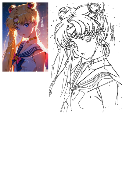 A vibrant digital portrait of Sailor Moon with blonde hair, blue eyes, and sailor fuku, contrasted with its clean black and white line art by Rezdda Art.