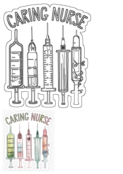 Caring Nurse text with five watercolor syringe outlines, one featuring a heart. Ideal for nurse appreciation stickers and gifts.