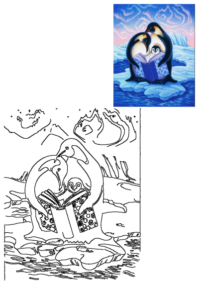 A heartwarming illustration of a penguin family, two adults and a chick, reading a book together on an ice floe beneath the enchanting northern lights.