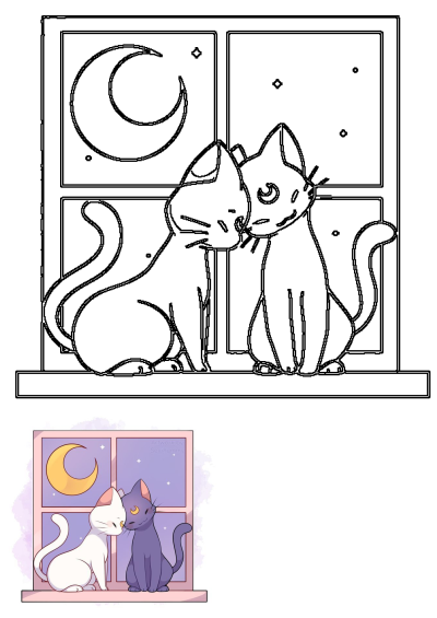 Two cats on a window sill, gazing at the crescent moon and sparkling stars outside. One cat gently nuzzles the other.
