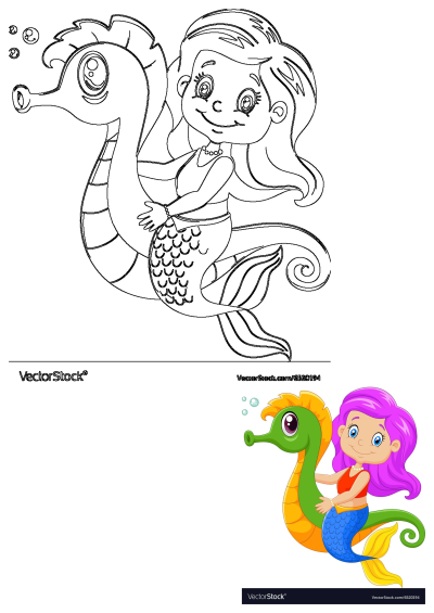 A happy cartoon little mermaid with pink hair and a blue tail rides a vibrant green seahorse. Also features a black and white line art.