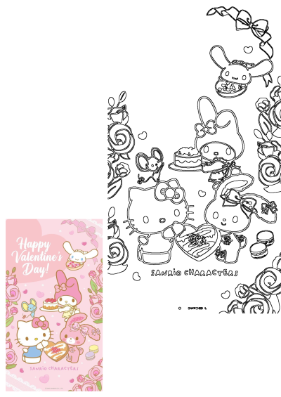 Happy Valentine's Day card featuring Hello Kitty, My Melody, Cinnamoroll, and Sanrio friends with roses and sweet treats.