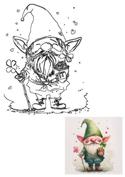 Illustration of a cheerful gnome holding a pot of gold and clovers, with a green hat and white beard, perfect for St. Patrick's Day.