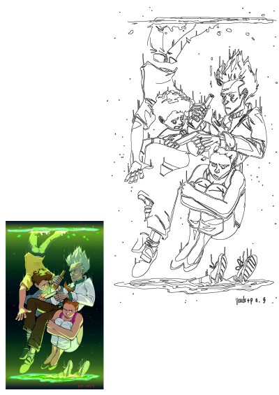 Rick, Morty, Summer, and Beth from the cartoon family dynamically flying through a vibrant green interdimensional portal, mid-adventure.