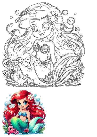 Cute cartoon Ariel mermaid with red hair, seashell top, and green tail, smiling alongside an octopus, surrounded by bubbles and coral.