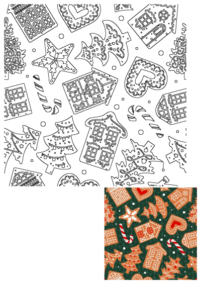 A delightful festive outline pattern featuring gingerbread houses, trees, stars, hearts, and candy canes, ideal for crafts or holiday designs.