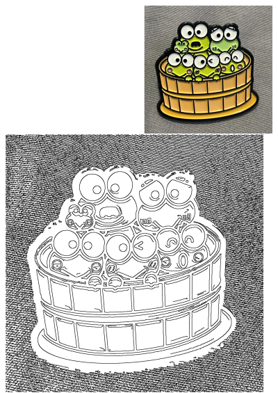 Sanrio Keroppi enamel rave pin shows multiple cute green frogs with big eyes and bubbles in a brown wooden tub, a fun collectible.