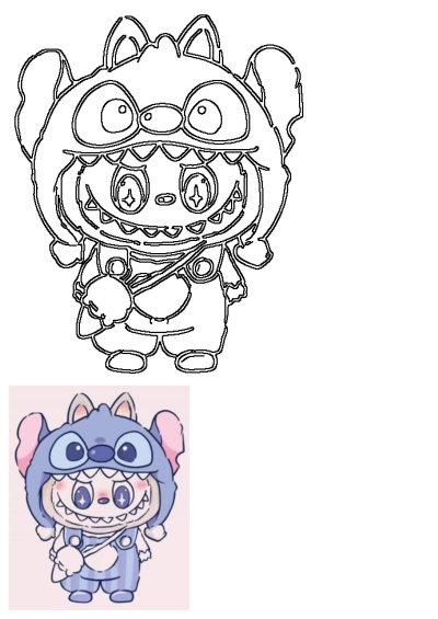 Cute anime-style cartoon character in a blue Stitch onesie. This line art features large, expressive eyes and a playful grin.