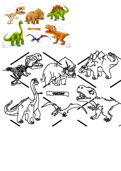 Cartoon dinosaur collection: cute T-Rex, Stegosaurus, Triceratops, Brontosaurus, Pterodactyl, plus a skeleton and line art outlines.
