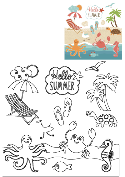 Vibrant summer ocean scene with octopus, crab, seagulls, palm trees, beach chair, and umbrella. Also includes an outline for coloring.