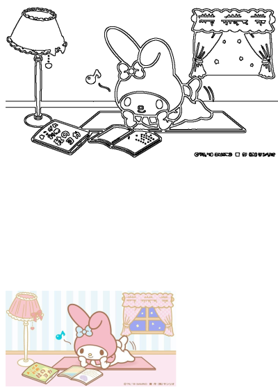My Melody cartoon character on a pink yoga mat, reading a book by a lamp. Adorable Sanrio bunny character in a cozy scene.