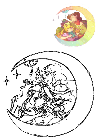 Sailor Moon and a friend sweetly cuddle and sleep on a colorful crescent moon, surrounded by stars and books. A cozy anime scene.