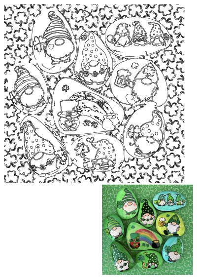 Detailed St. Patrick's Day gnome designs perfect for painting on rocks, featuring lucky shamrocks, rainbows, and festive beer mugs.