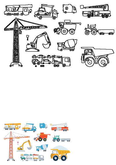 Colorful illustrations of construction vehicles, including cranes, excavators, dump trucks, cement mixers, and fire trucks, along with their black outline versions.