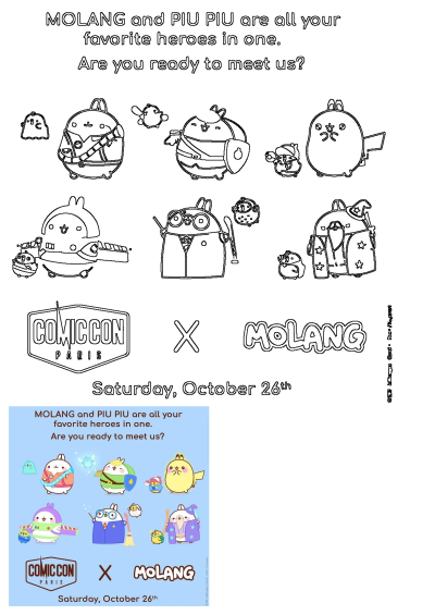 Molang Piu Piu Comic Con Paris hero mashup advertisement. Ad features Molang and Piu Piu as famous heroes, promoting October 26th event.