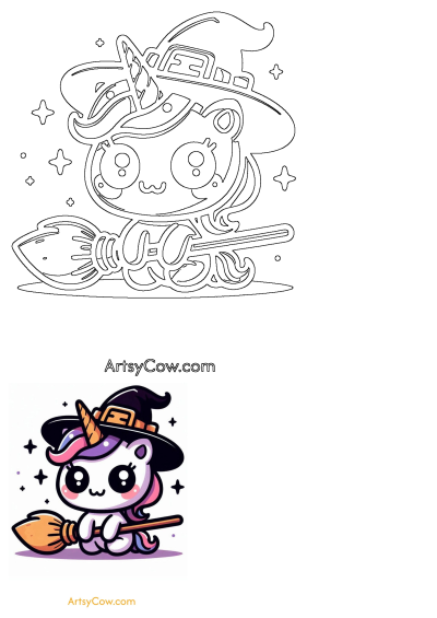 Adorable kawaii unicorn witch character flying on a broomstick with a pointed hat and magical stars, perfect for Halloween fun.