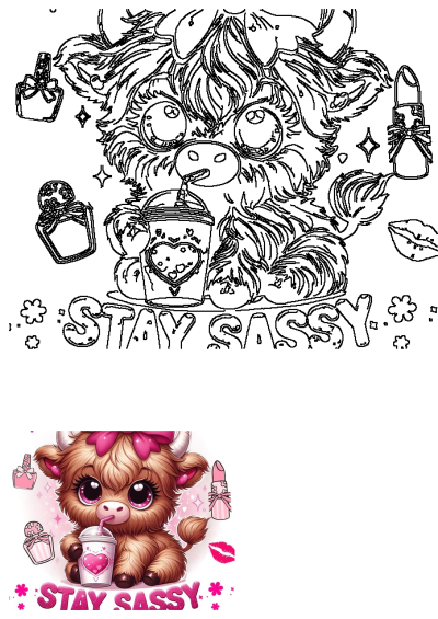 Cute kawaii Highland cow clipart features a sassy baby calf with a pink bow, drink, lipstick, and "STAY SASSY" text, perfect for farmhouse decor.