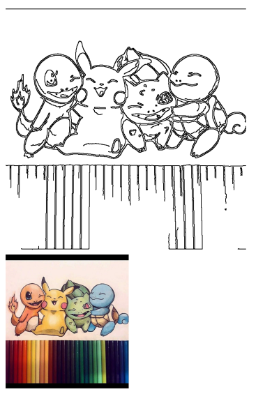 A vibrant colored pencil drawing of popular Pokemon characters Charmander, Pikachu, Bulbasaur, and Squirtle, alongside art supplies.