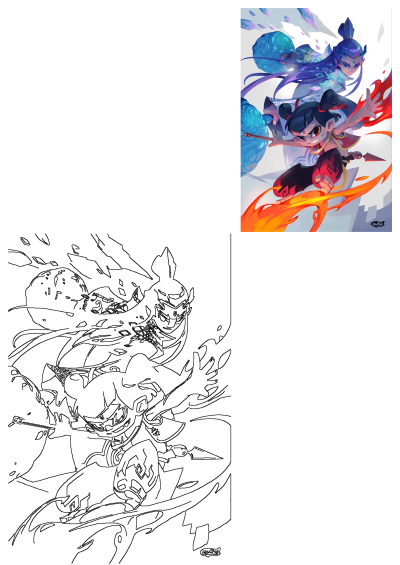 Dynamic illustration of Nezha with fire and Ao Bing with ice powers, alongside a detailed line art version of the characters.