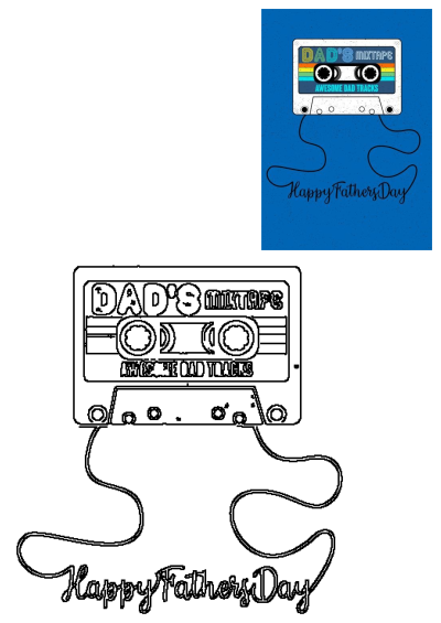 Happy Fathers Day card featuring a retro 'Dad's Mixtape' cassette with 'Awesome Dad Tracks' on a blue background.