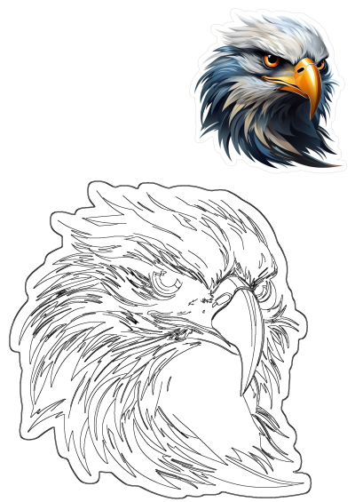 Vibrant eagle head illustration with striking orange eyes and a powerful gaze, accompanied by its outline drawing for coloring.
