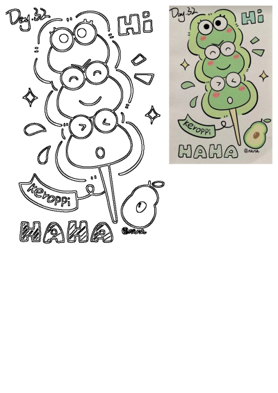 A cheerful cartoon Kerroppi character shaped like green ice cream scoops on a stick, surrounded by 'HAHA' text and a fresh avocado.