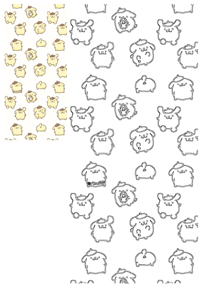 Pompompurin cute cartoon pattern background featuring colorful and outline illustrations of the beloved character in various poses.