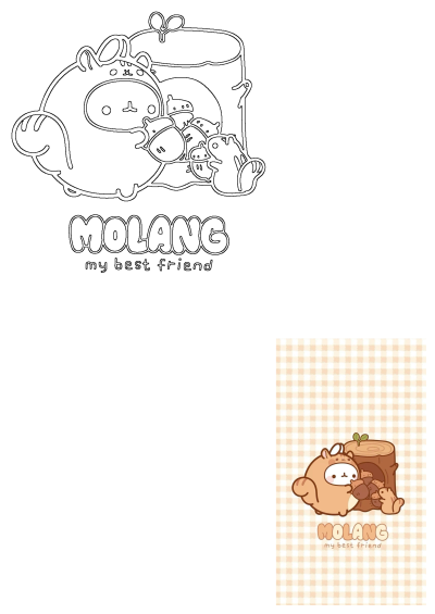 Cute Molang in a squirrel costume collecting acorns with its best friend. Features a vibrant colored image and an outline drawing.