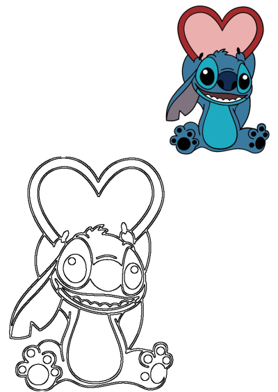Cute blue alien Stitch from Disney's Lilo & Stitch happily holds a pink and red heart, alongside an outline version.