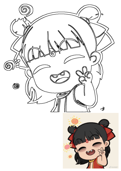 Smiling chibi cartoon girl with black hair in buns, wearing an orange top, making a peace sign hand gesture.