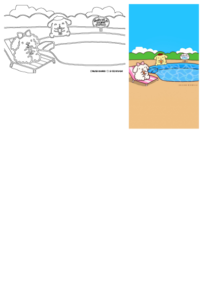 Cartoon dog on beach chair and another in a pool, relaxing and enjoying summer vibes with refreshing drinks under a sunny sky.
