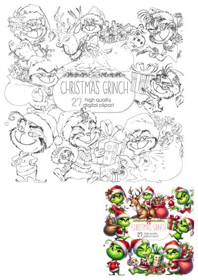 Black and white Grinch Christmas clipart collection preview with 27 line art designs, featuring Grinch, reindeer, and gifts for commercial use.