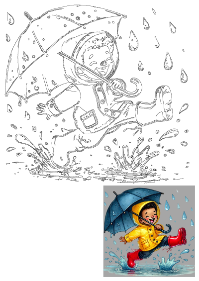 Illustration of a happy boy in a yellow raincoat and red boots jumping in a puddle with a blue umbrella in the rain.