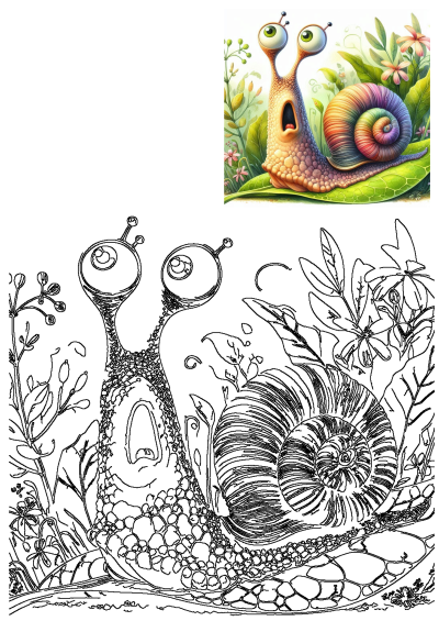 Vibrant cartoon snail with a rainbow shell and wide eyes, looking surprised on a green leaf amidst whimsical garden flora.