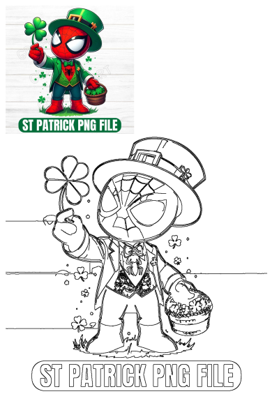 St. Patrick's Day cartoon Spiderman in leprechaun costume, holding a lucky shamrock and a pot of clovers, available as a PNG file.