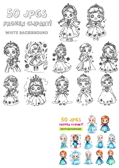 Frozen Princess clipart set with Elsa and Anna characters. Features tiaras, snowflakes, and includes both line art and full-color designs.